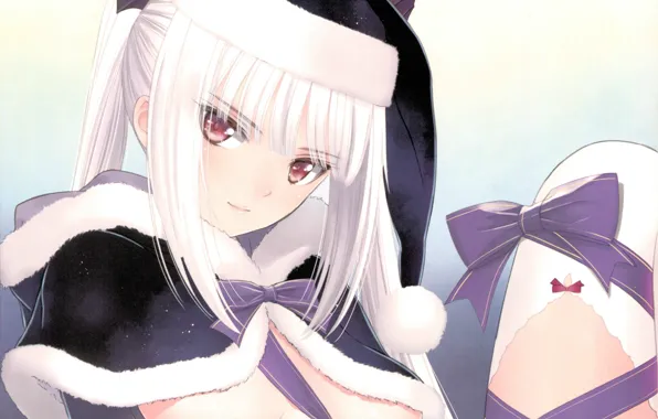 Бант, белые волосы, art, колпак, колени, Tony Taka, белый мех, бомбошки