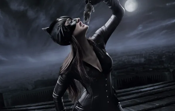 Ночь, луна, маска, костюм, Женщина-кошка, крыса, добыча, Catwoman