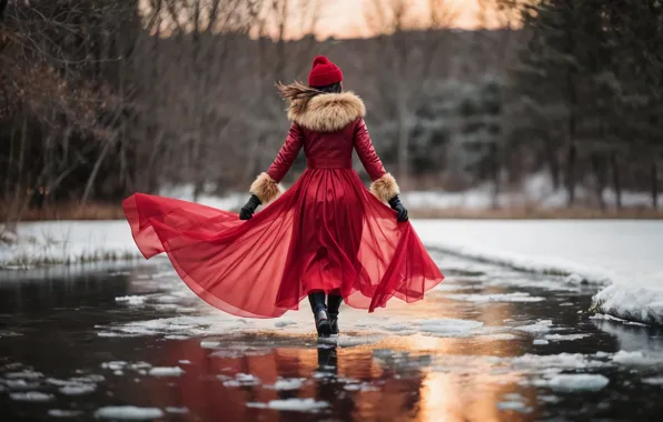 Зима, дорога, лес, девушка, снег, природа, поза, отражение