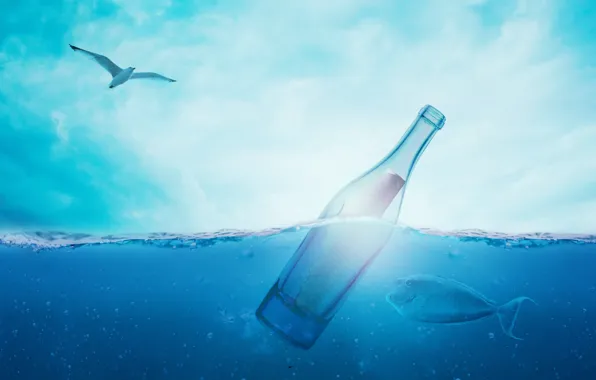 Картинка море, небо, вода, пузырьки, синева, птица, бутылка, рыбка