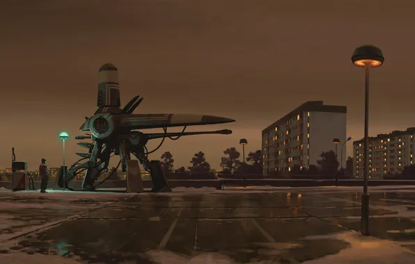 Машина, город, человек, площадь, фонарь, Simon Stålenhag, peripheral