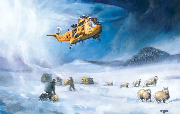 Снег, рисунок, вертолет, спасатели, RAF, Sea King, Westland