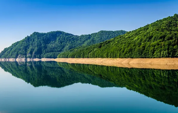 Картинка озеро, отражение, зеркало, голубое небо, Румыния, Фэгэраш Горы, Видрару Арджеш реки