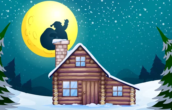 Картинка снег, дом, дерево, луна, vector, графика, новый год, рождество
