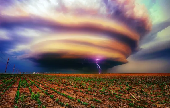 Картинка sky, field, nature, Storm, lightning, clouds