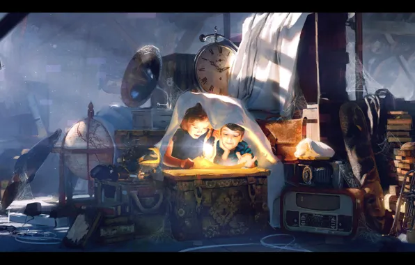 Дети, часы, труба, фонарик, The Attic