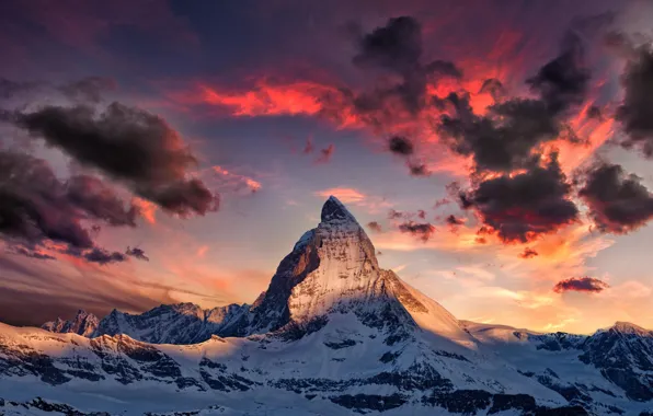 Картинка зима, снег, пейзаж, рассвет, гора, Альпы