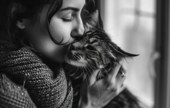 Кошка, кот, девушка, поза, серый, женщина, рука, поцелуй