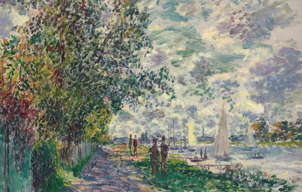 Картинка пейзаж, река, лодка, картина, парус, Клод Моне, The Riverbank at Petit-Gennevilliers