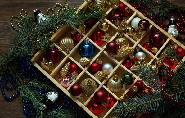 Картинка шарики, коробка, шары, Рождество, Новый год, бусы, ящик, ёлочные украшения