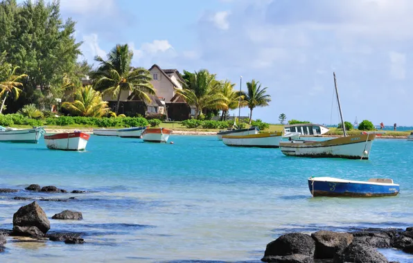 Море, пальмы, берег, дома, лодки, Карибы, Mauritius