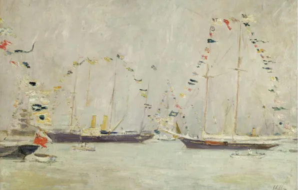 Картина, морской пейзаж, Поль Сезар Эллё, Paul Cesar Helleu, Яхты с Флажками