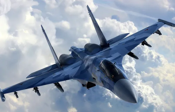 Картинка небо, облака, самолет, истребитель, многоцелевой, сверхманевренный, су-35, su-35
