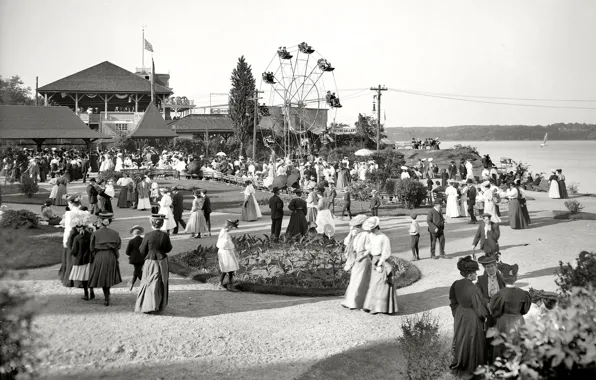 Ретро, парк, люди, колесо обозрения, США, выходной, 1904-й год