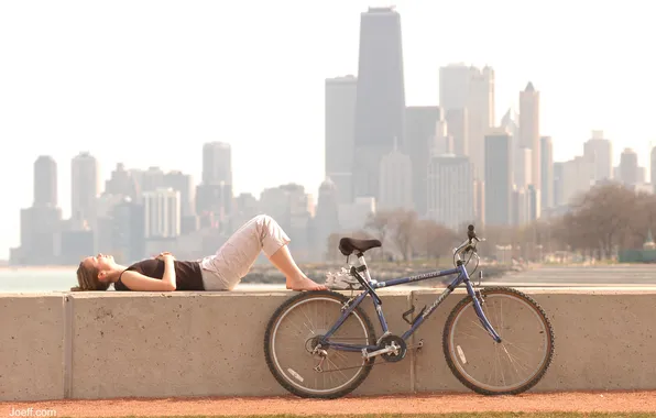 Девушка, велосипед, город, Чикаго, bike, привал