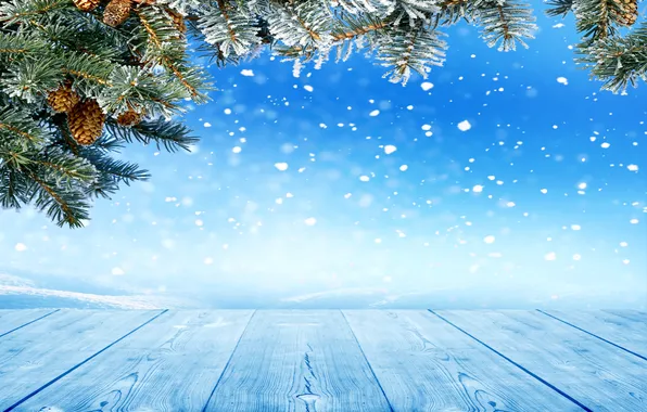 Картинка зима, снег, снежинки, елка, шишки, nature, winter, snow