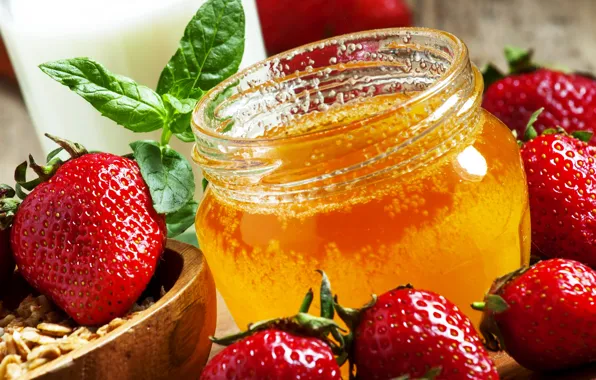 Ягоды, клубника, мед, honey, berries, баночка, strawberries