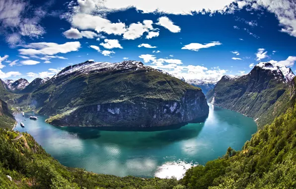Картинка небо, вода, облака, горы, корабли, Норвегия, Norway, фьорд
