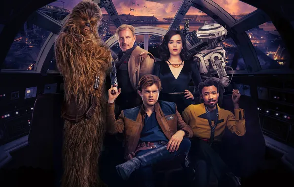Фантастика, боевик, постер, персонажи, звездолёт, Emilia Clarke, Эмилия Кларк, Han Solo