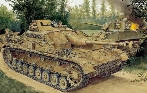 Война, рисунок, арт, немецкая самоходно-артиллерийская установка, западный фронт, Sturmgeschütz IV, StuG IV