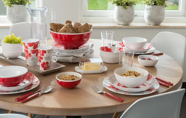 Завтрак, виноград, булочки, мюсли, йогурт, Muesli