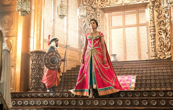 Платье, ступеньки, дворец, Aladdin, Жасмин, Naomi Scott, Наоми Скотт, Алладин