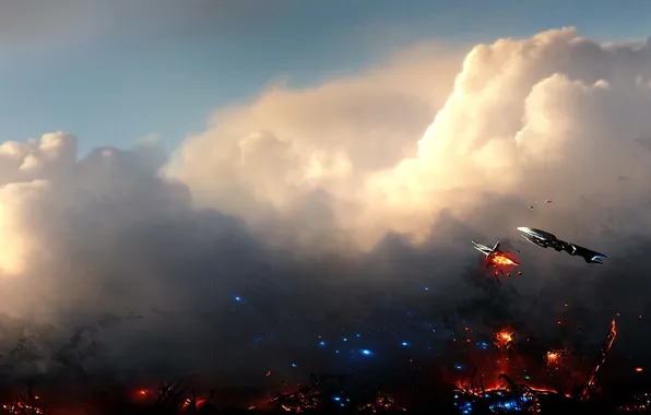 Картинка облака, город, огонь, транспорт, корабли, арт, космические, Alberto Vangelista