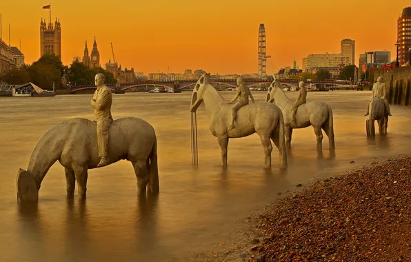 Картинка мост, река, Англия, Лондон, башня, Темза, скульптура, парламент