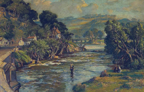 Картинка деревья, пейзаж, река, дома, картина, рыбак, Devon, Сэмюэл Бёрч