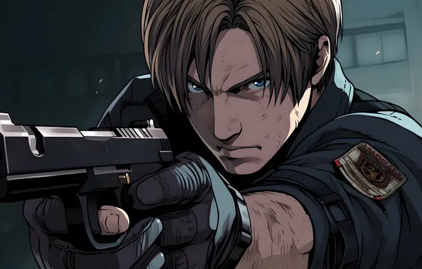 Gun, pistol, logo, resident evil, biohazard, police, blue eyes, man