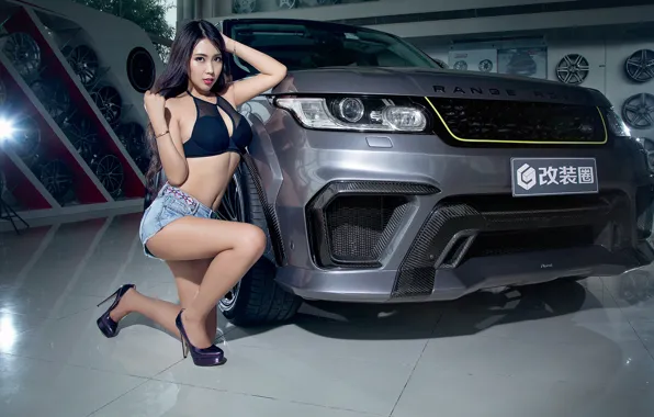 Авто, взгляд, азиатка, Эротика, красивая девушка, Range rover, позирует над машиной