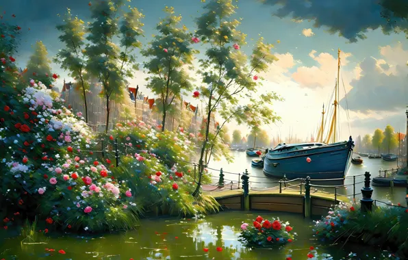 Лето, облака, деревья, пейзаж, цветы, природа, озеро, пруд