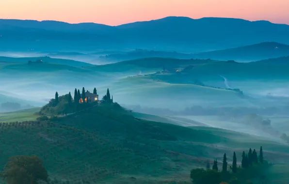 Пейзаж, холмы, поля, Toscana, поместья