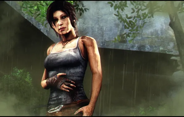 Лес, девушка, дождь, рана, Lara Croft