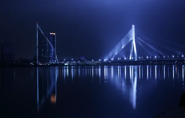 Lights, bridge, water, night, staro Riga, Daugava, Riga
