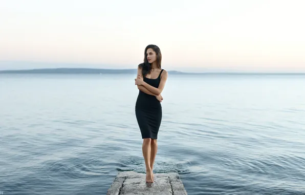 Картинка взгляд, вода, девушка, поза, озеро, модель, фигура, платье