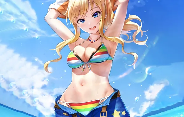 Girl, sexy, cleavage, beach, shorts, long hair, sea, boobs