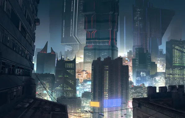 Ночь, город, огни, небоскребы, крыши, мегаполис, cyberpunk