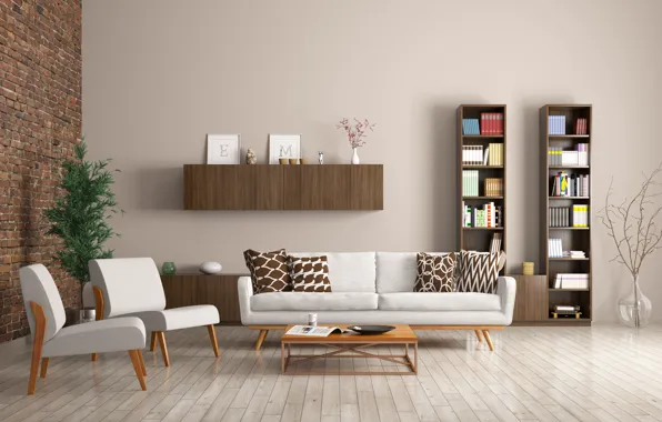 Картинка диван, интерьер, кресла, библиотека, design, modern, apartment, стеллажи