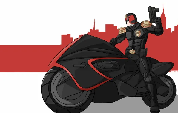Картинка пистолет, фантастика, арт, мотоцикл, шлем, байк, Судья Дредд, Judge Dredd