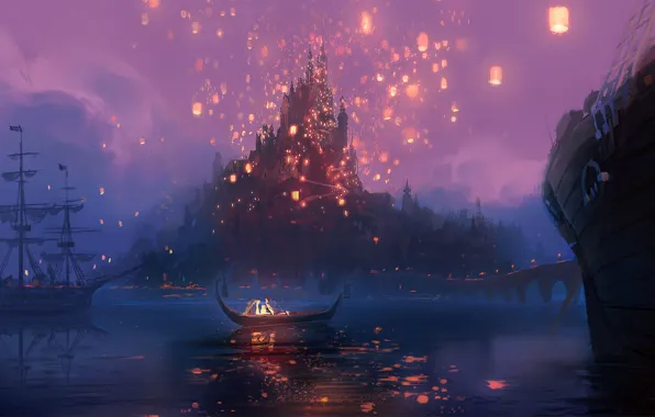 Картинка ночь, мост, огни, река, замок, лодка, рисунок, мультфильм