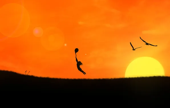 Картинка девушка, закат, птицы, газон, шарик, полёт