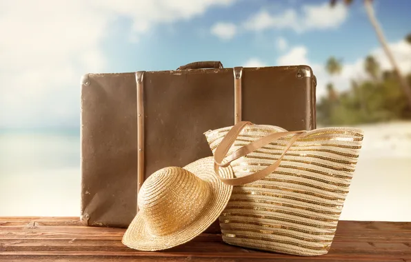 Шляпа, чемодан, summer, beach, vacation, travel