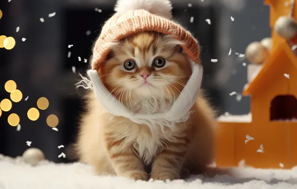 Кошка, темный фон, котенок, рыжий, Рождество, Новый год, домик, шапочка