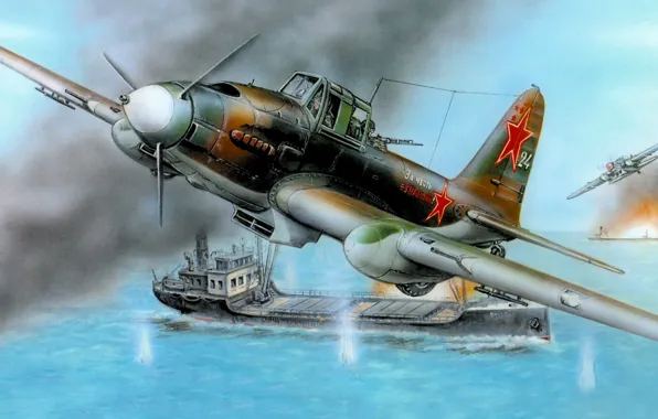 Картинка war, art, painting, aviation, ww2, Ilyushin Il-2, ship attack, IL-2M