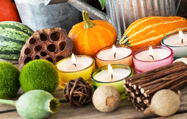 Картинка осень, украшения, маки, свечи, арбуз, тыква, прутья, декор