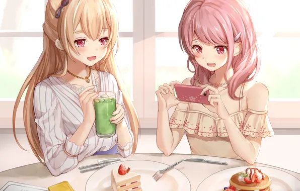 Кафе, пирожное, смартфон, оладьи, BanG Dream!, Shirasagi Chisato, Aya Maruyama