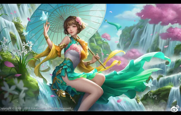 Девушка, природа, бабочка, игра, зонт, аниме, водопады, Yokoyama Mitsuteru Sangokushi