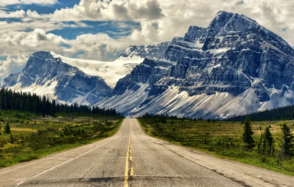 Картинка дорога, пейзаж, горы, Канада, Альберта, Banff National Park, Alberta, Банф