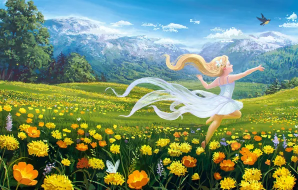 Картинка поле, небо, девушка, облака, деревья, цветы, горы, настроение
